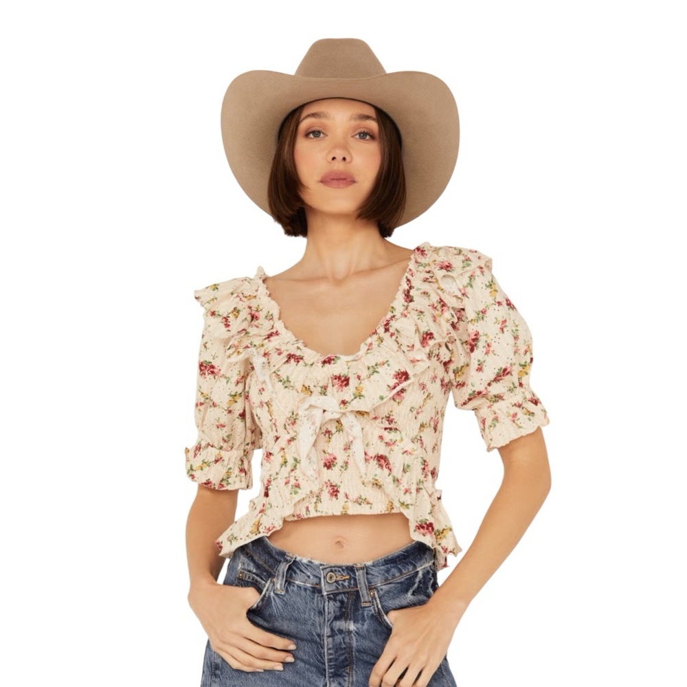 Free People favorite girl floral, smocked bohemian ruffles cropped piece Top